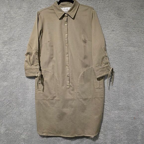 Linea Louis Dell'Olio Midi Shirt Dress Sz M Lace Up‎ Sleeve Pockets Office Siren - Picture 2 of 10